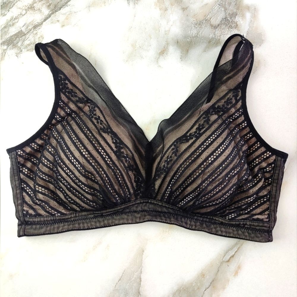 Unbranded Black Striped Lace Mesh Overlay Wireless Bralette Bra, Sz L